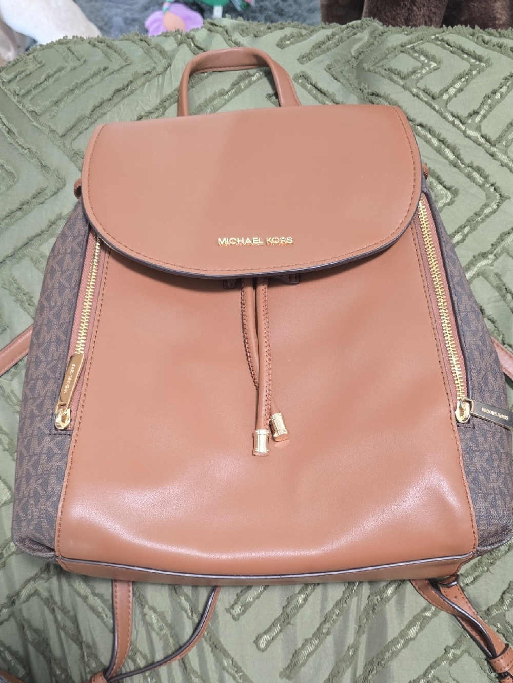 Michael Kors Brown Leather Backpack with MK Logo Sides